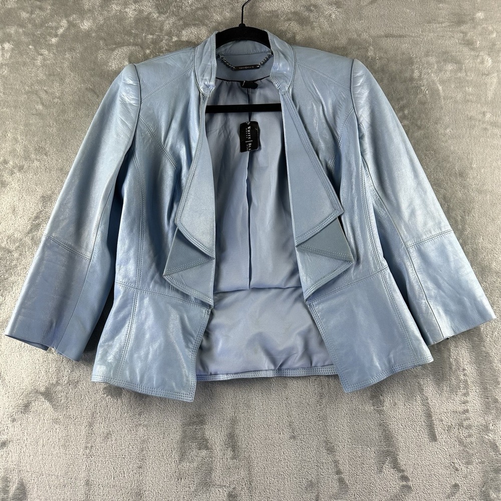 White House Black Market Leather Jacket Women's XXS Blue Cascading Lapel 3/4 NEW